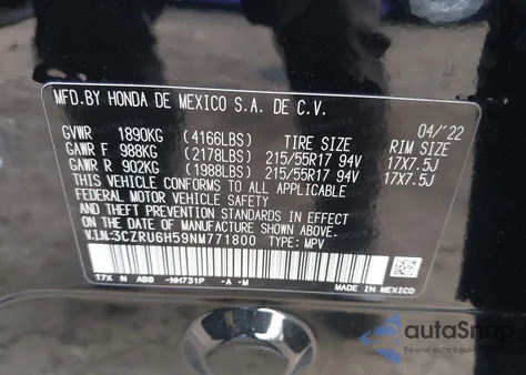 2022 Honda Hr-V Awd Ex from USA, damaged, VIN 3CZRU6H59NM771800